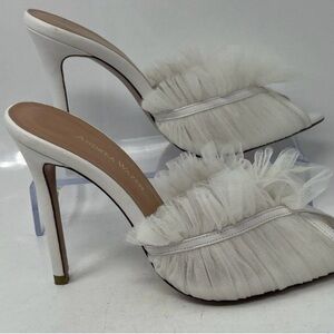 Andrea Wazen Lorena 105 White Tulle Ruffle Mule Heels